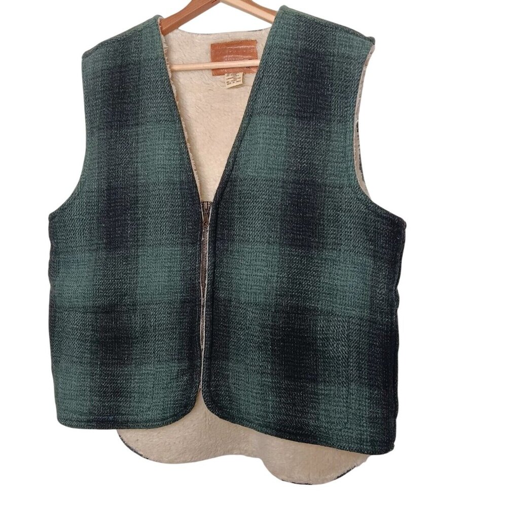 Vintage Cactus Mens M Vest Green Plaid Faux Sherpa Lined Wool Blend Zip Workwear